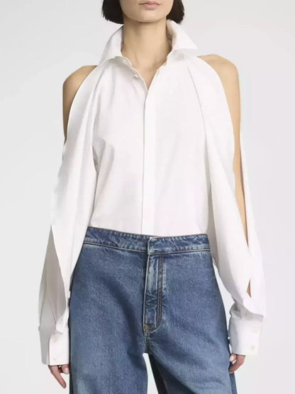 Cold-Shoulder White Cotton Shirt - Tops