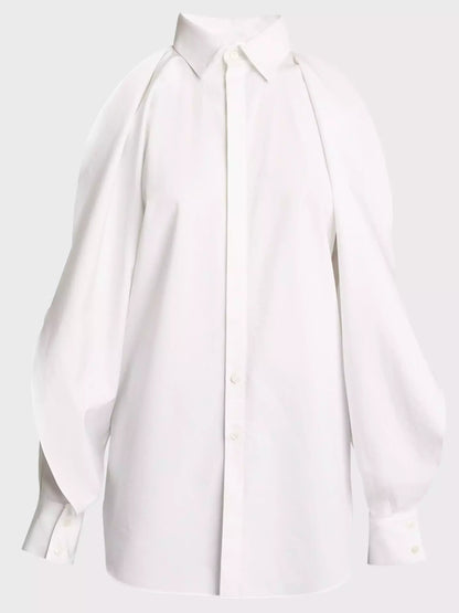 Cold-Shoulder White Cotton Shirt - Tops