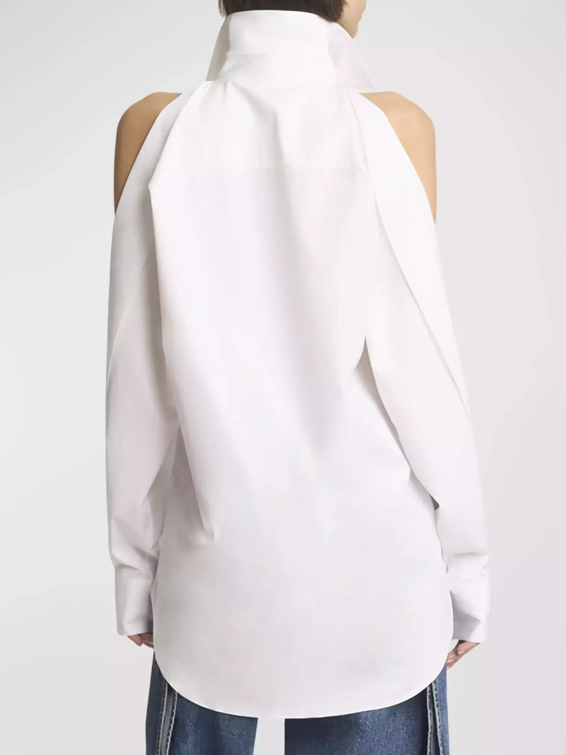 Cold-Shoulder White Cotton Shirt - Tops