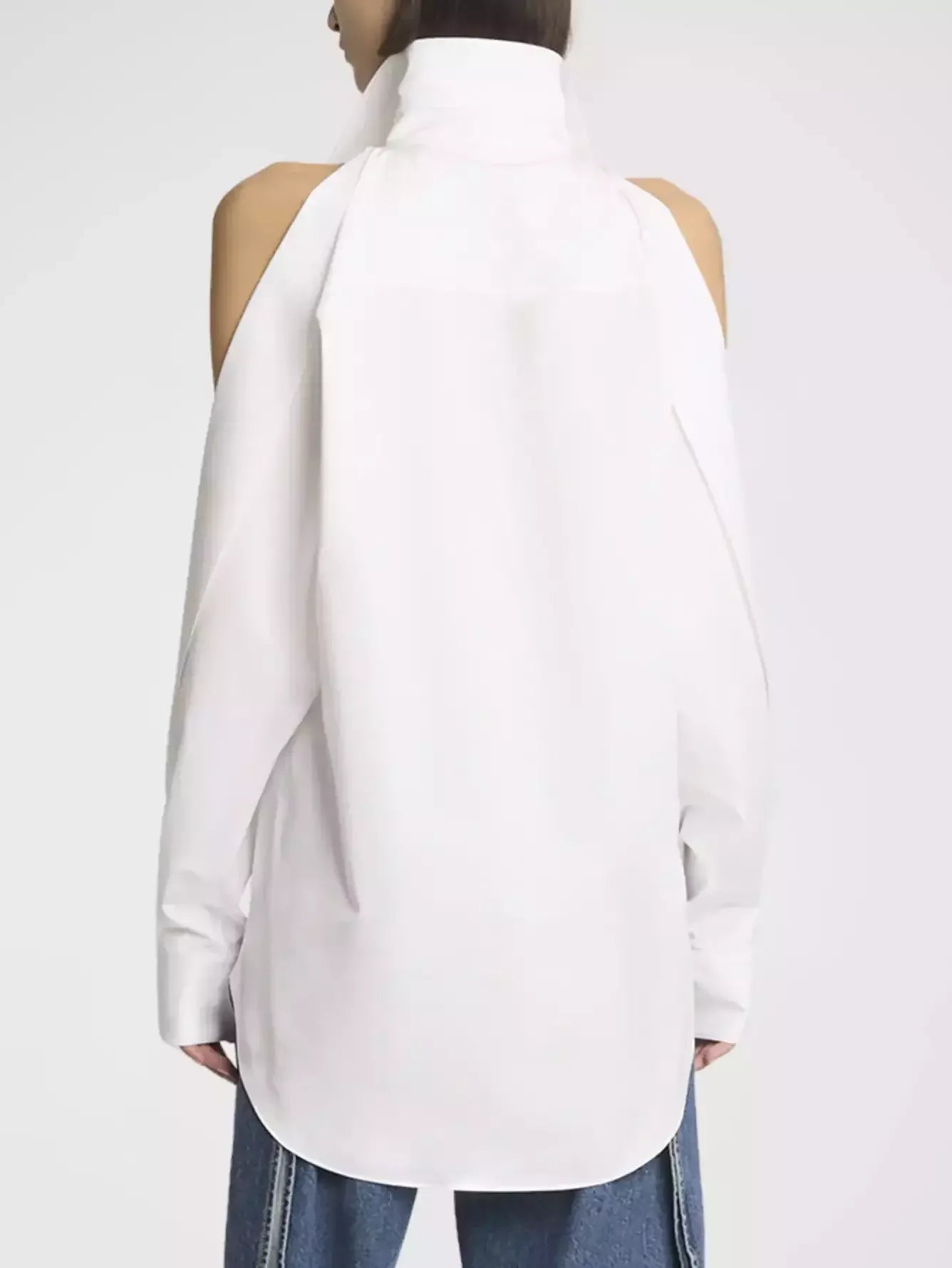 Cold-Shoulder White Cotton Shirt - Tops