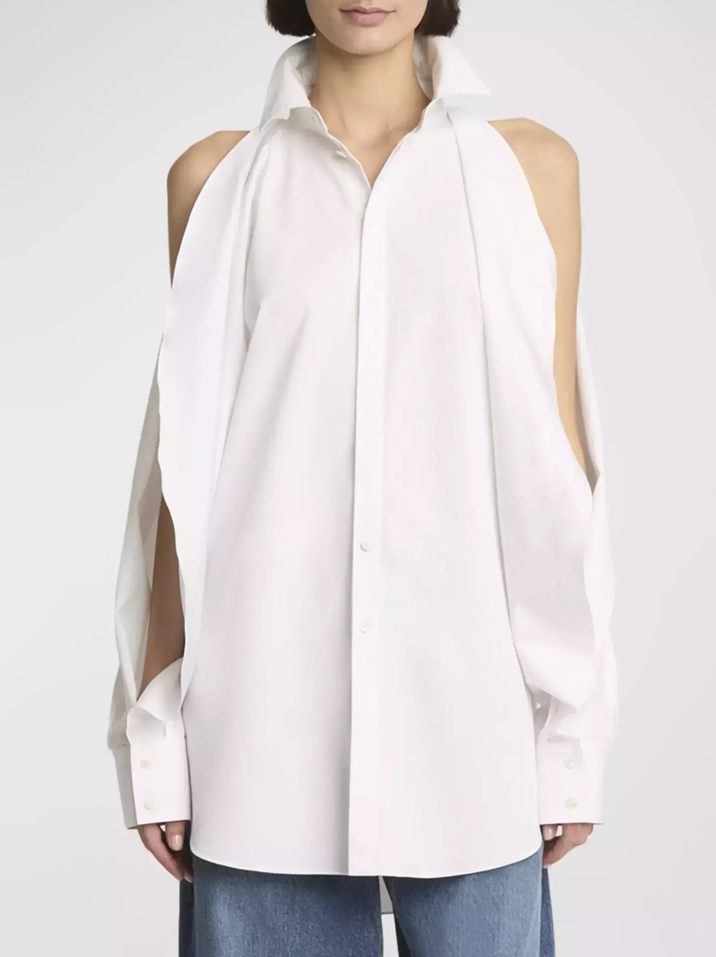Cold-Shoulder White Cotton Shirt - Tops