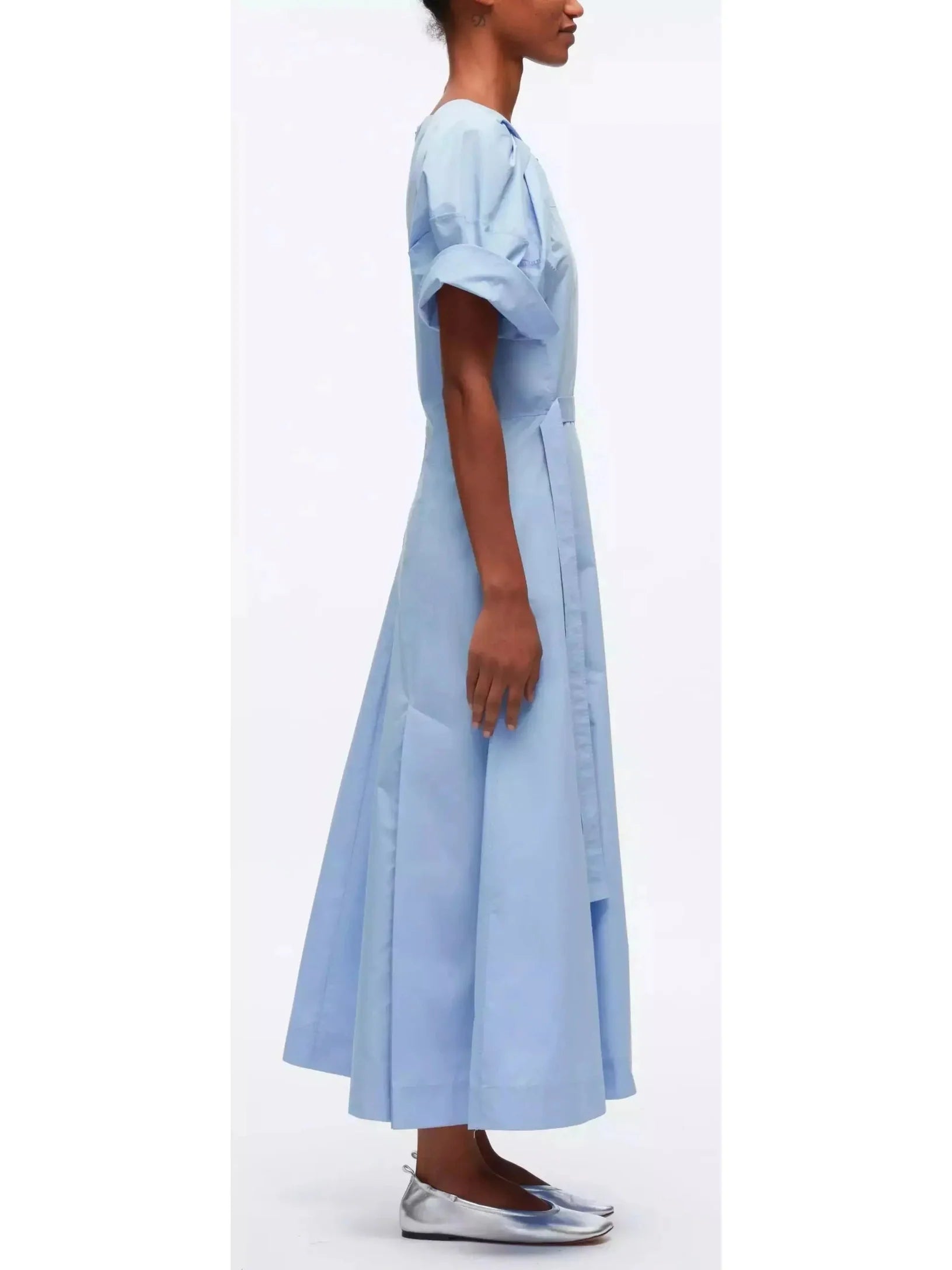 Collapsed Bloom Short Sleeve Belted Dress in Blue - Dresses