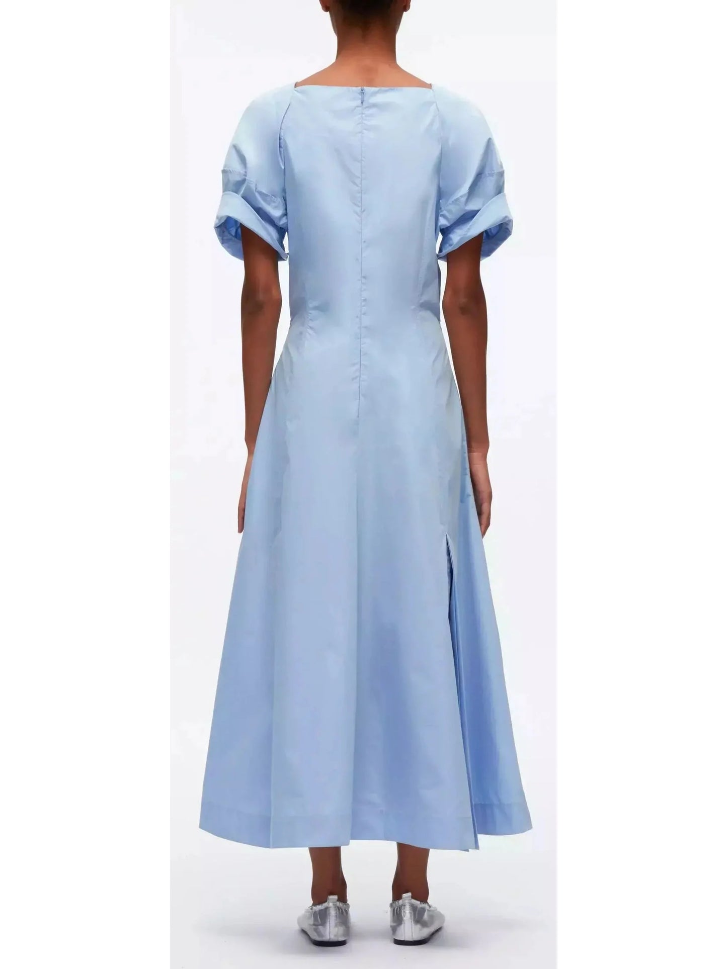 Collapsed Bloom Short Sleeve Belted Dress in Blue - Dresses