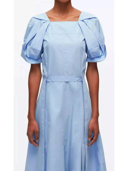 Collapsed Bloom Short Sleeve Belted Dress in Blue - Dresses