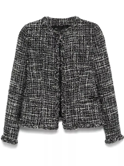 Collarless Black White and Gray Tweed Jacket - Jackets