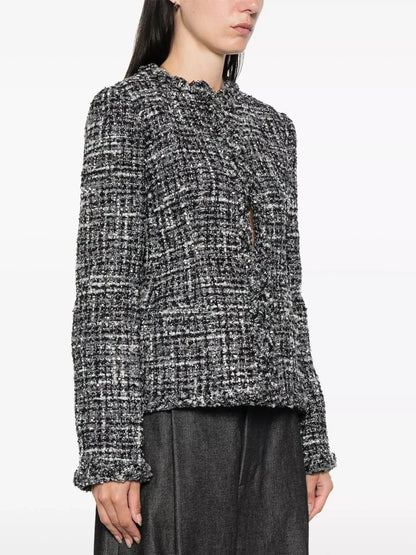 Collarless Black White and Gray Tweed Jacket - Jackets