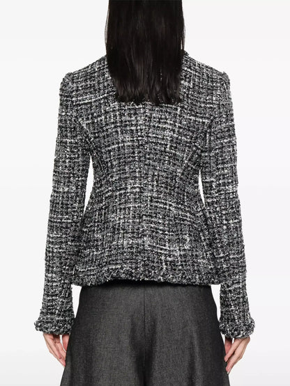 Collarless Black White and Gray Tweed Jacket - Jackets