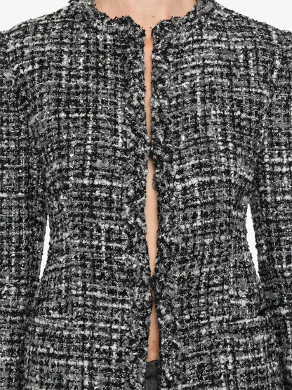 Collarless Black White and Gray Tweed Jacket - Jackets