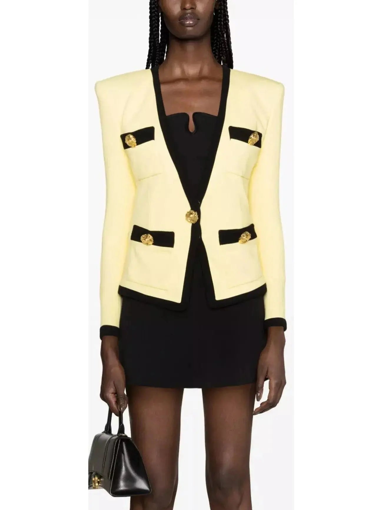 Collarless Crepe Blazer in Yellow and Black - Jackets