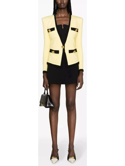 Collarless Crepe Blazer in Yellow and Black - Jackets