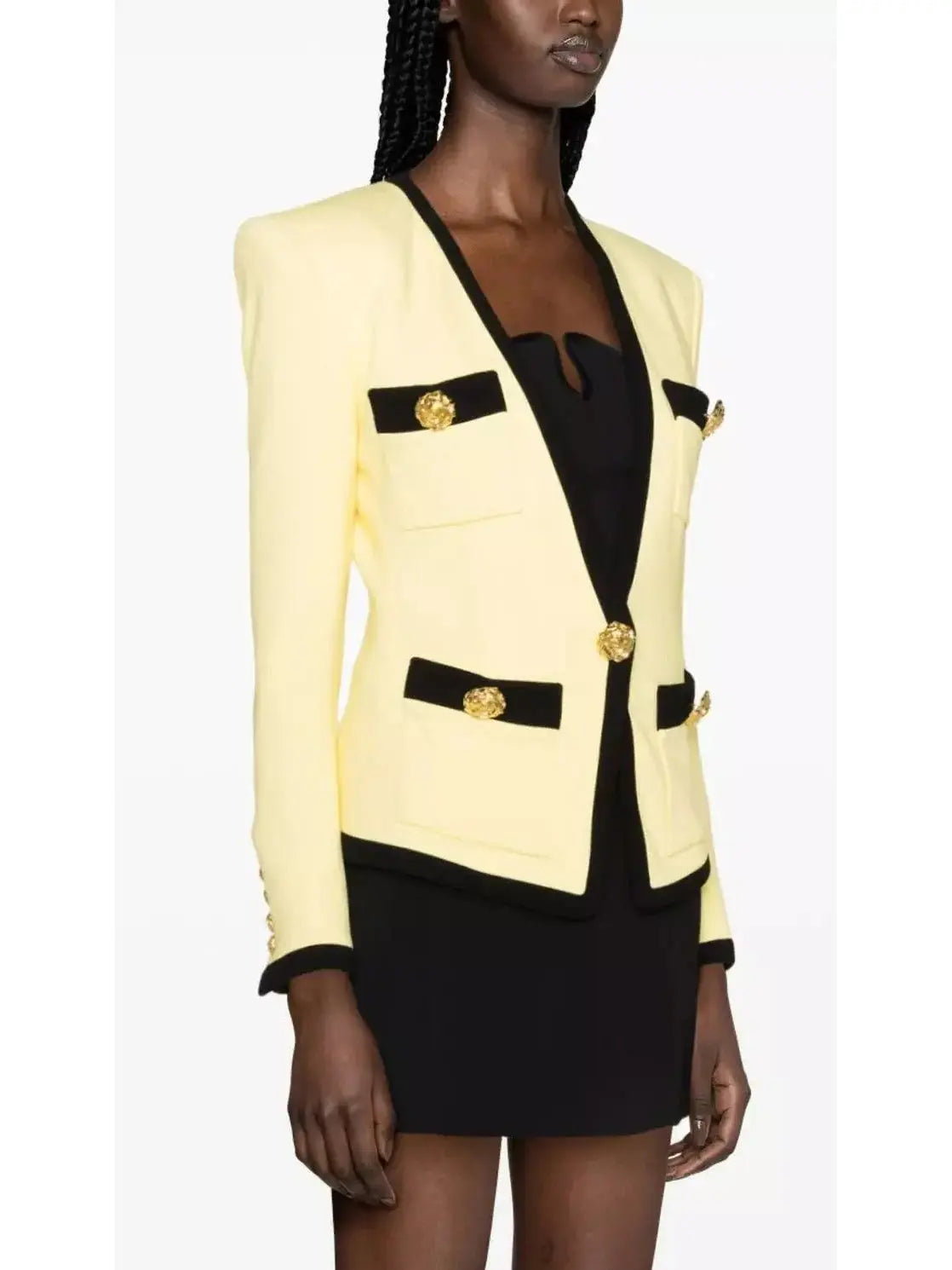 Collarless Crepe Blazer in Yellow and Black - Jackets