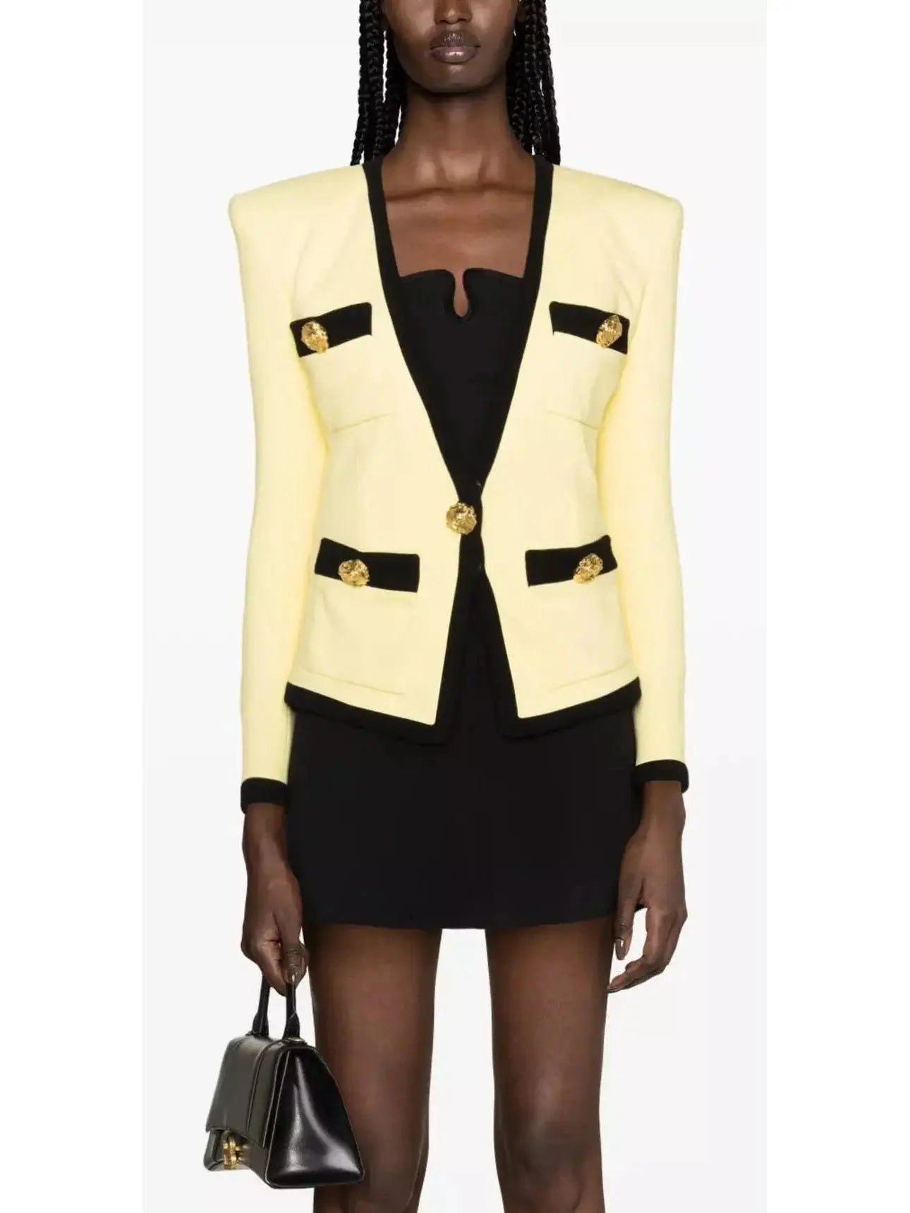 Collarless Crepe Blazer in Yellow and Black - Jackets