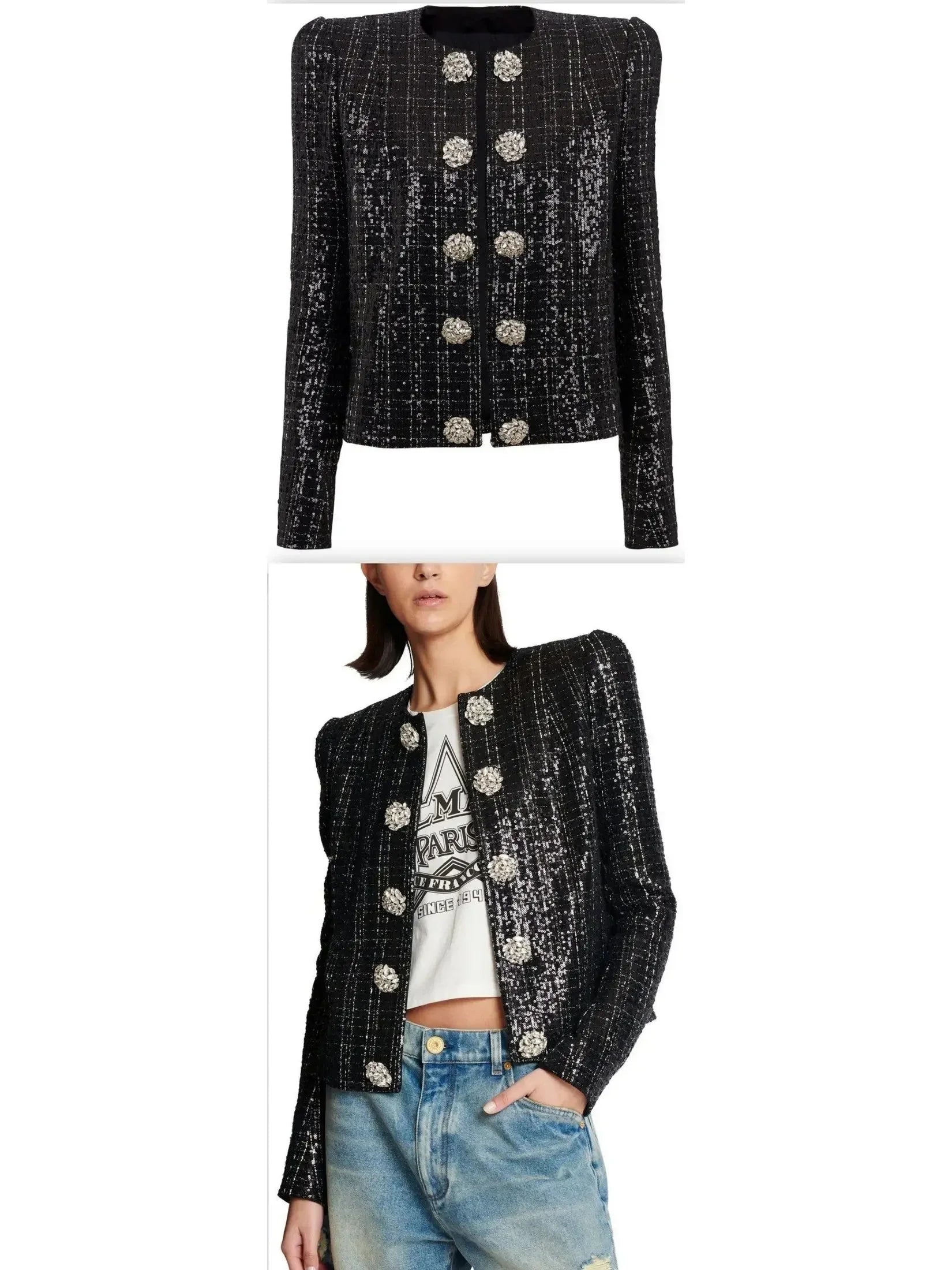 Collarless Glittered Tweed Jacket - Jackets