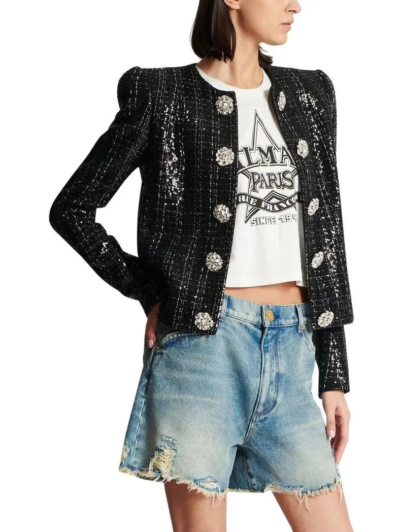 Collarless Glittered Tweed Jacket - Jackets