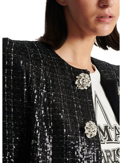 Collarless Glittered Tweed Jacket - Jackets