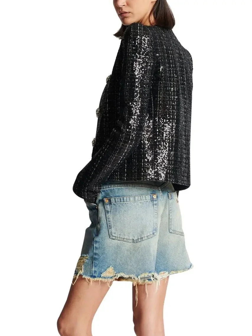 Collarless Glittered Tweed Jacket - Jackets