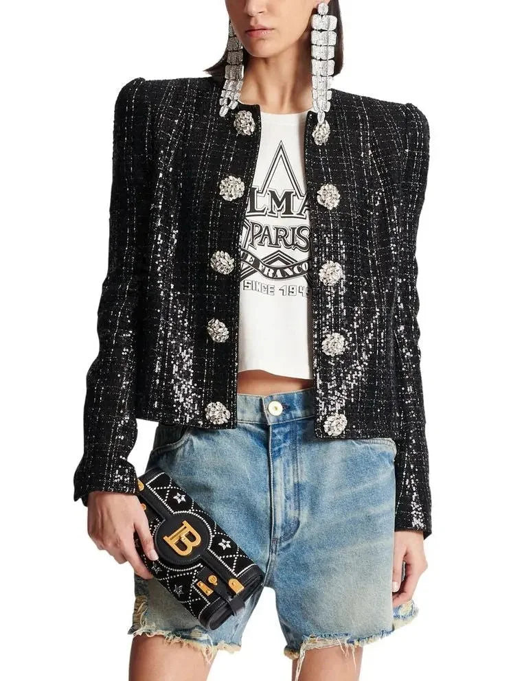 Collarless Glittered Tweed Jacket - Jackets
