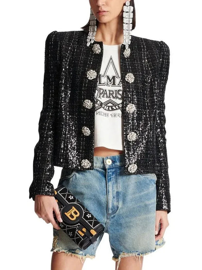 Collarless Glittered Tweed Jacket - Jackets