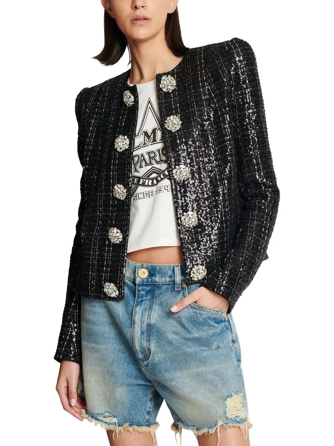 Collarless Glittered Tweed Jacket - Jackets