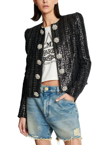 Collarless Glittered Tweed Jacket - Jackets