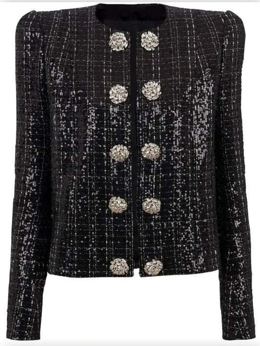 Collarless Glittered Tweed Jacket - Jackets