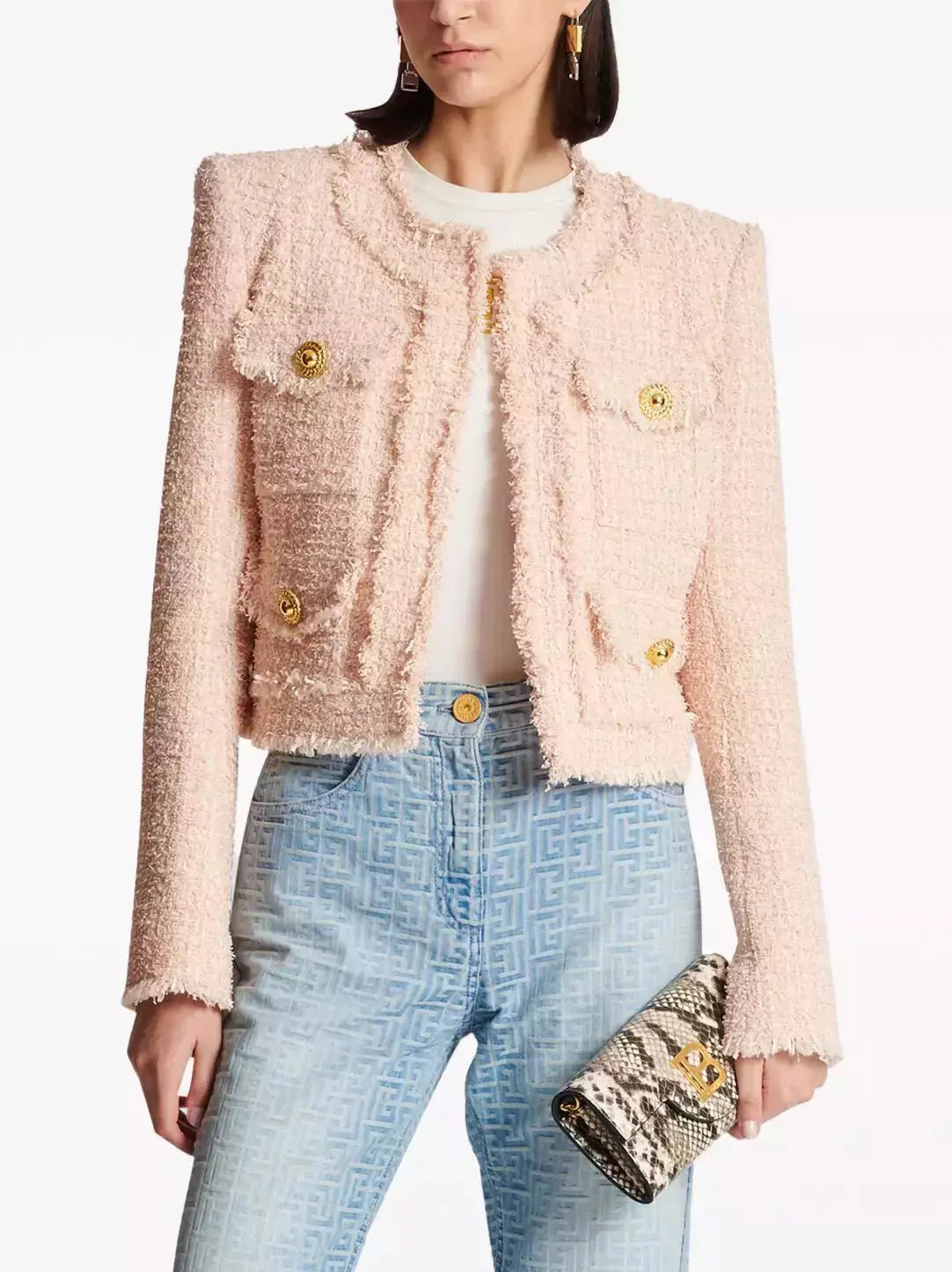 Collarless Tweed Jacket in Light Pink - Jackets