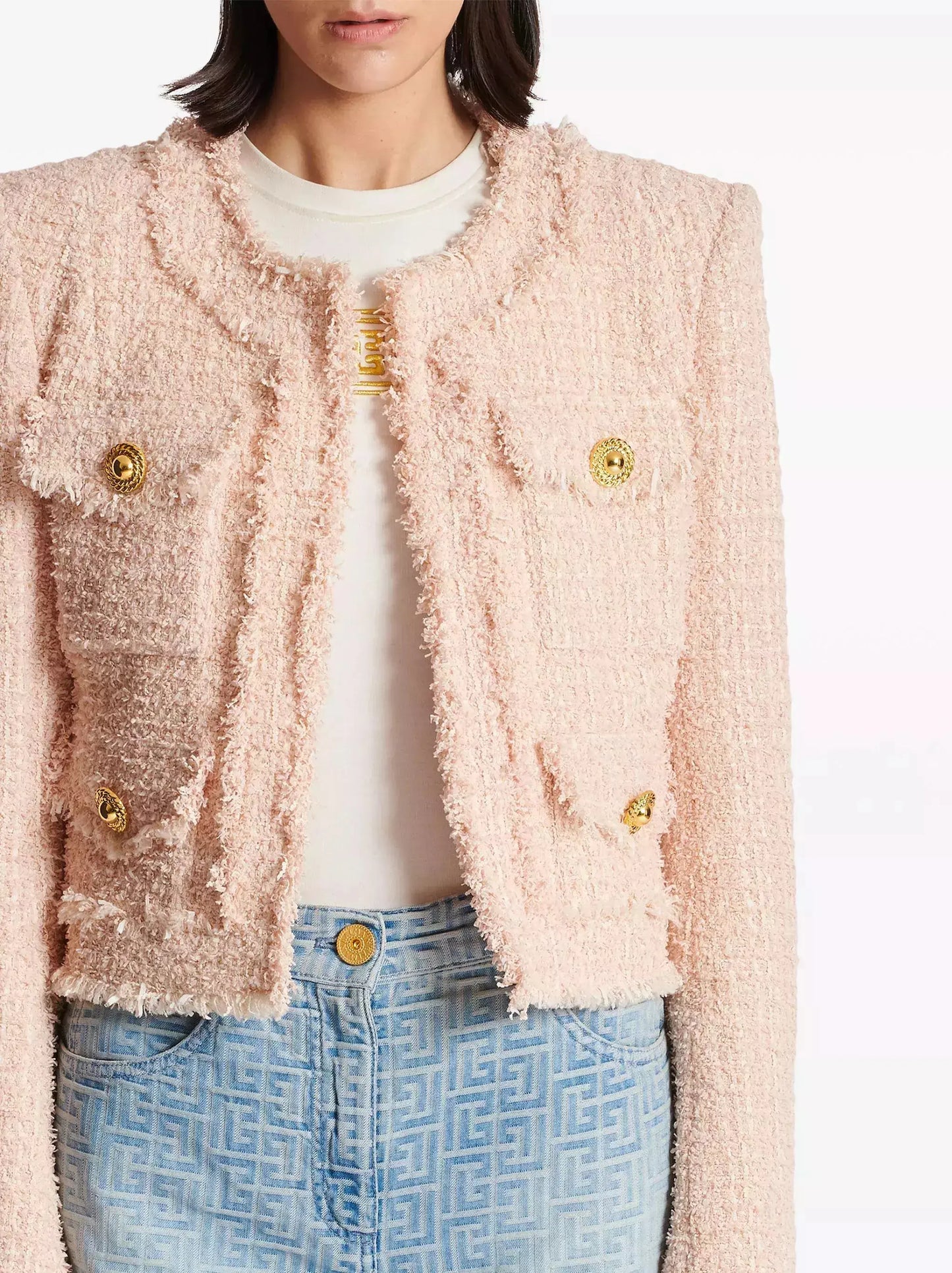 Collarless Tweed Jacket in Light Pink - Jackets