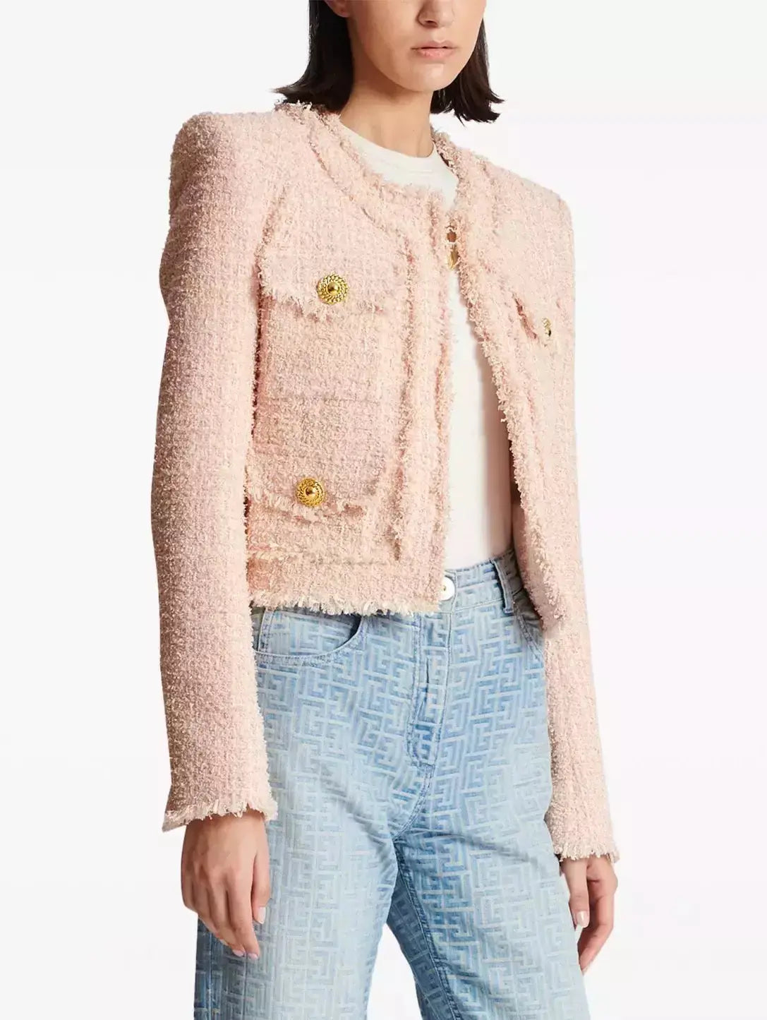 Collarless Tweed Jacket in Light Pink - Jackets