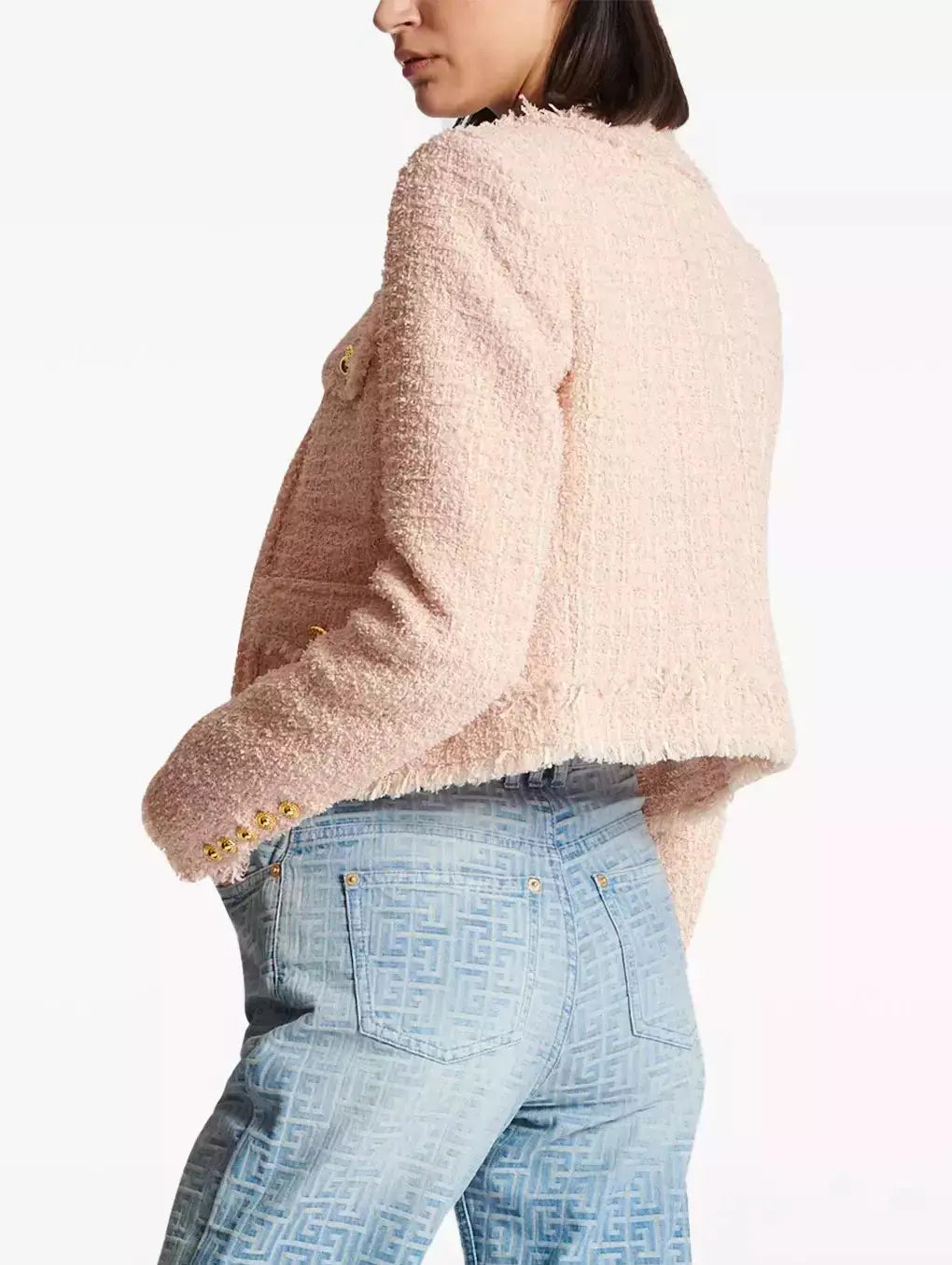 Collarless Tweed Jacket in Light Pink - Jackets