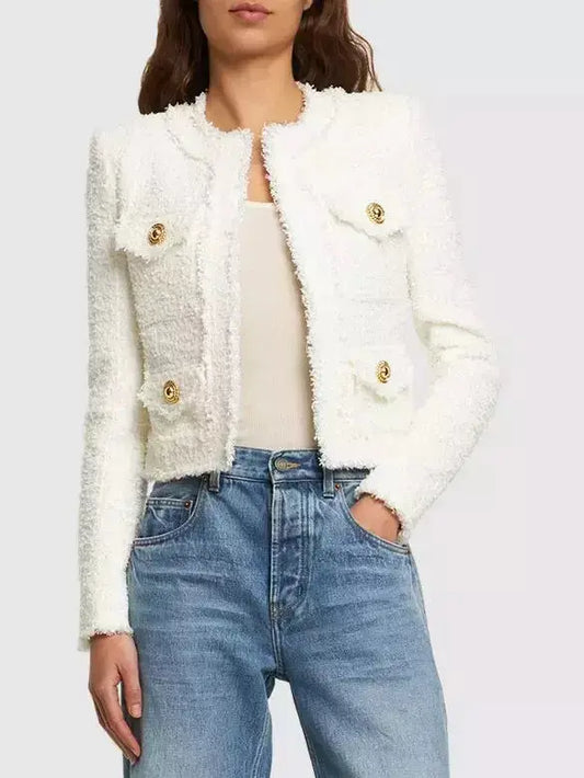 Collarless Tweed Jacket in White - Jackets