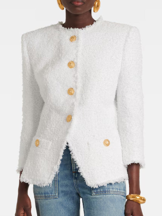 Collarless Wool-Blend White Tweed Jacket featuring elegant gold buttons