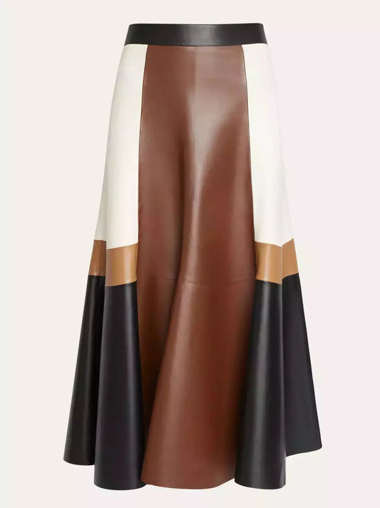 Color-Block Patchwork Leather Midi Skirt - Skirts