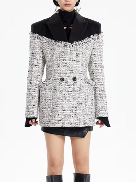 Color-Contrast Frayed Tweed Jacket - Jackets