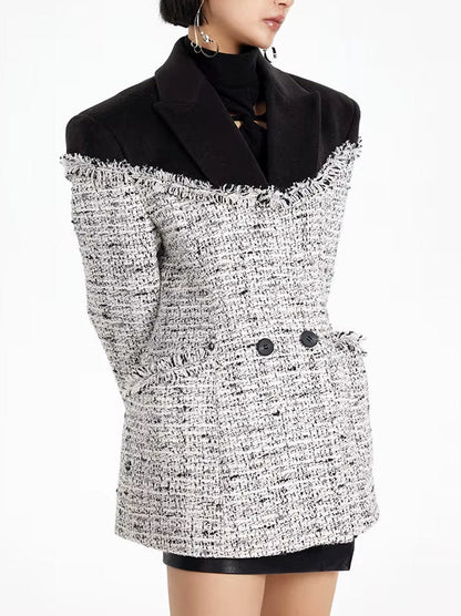 Color-Contrast Frayed Tweed Jacket - Jackets