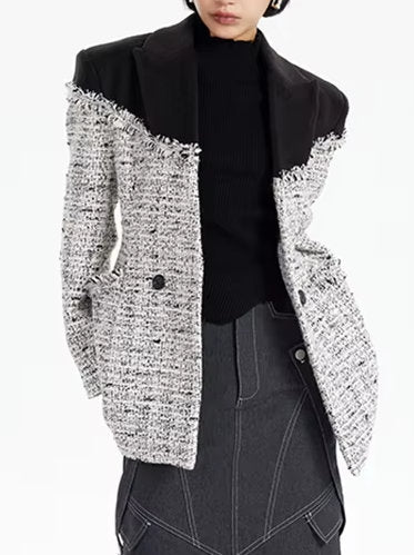 Color-Contrast Frayed Tweed Jacket - Jackets