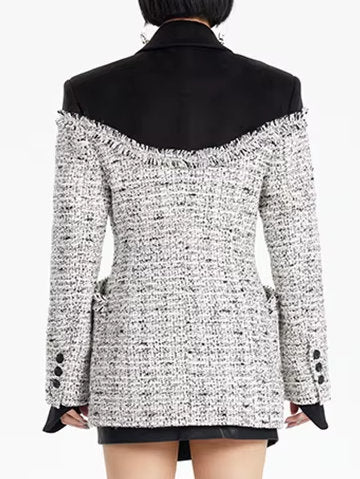 Color-Contrast Frayed Tweed Jacket - Jackets