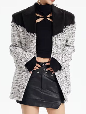 Color-Contrast Frayed Tweed Jacket - Jackets