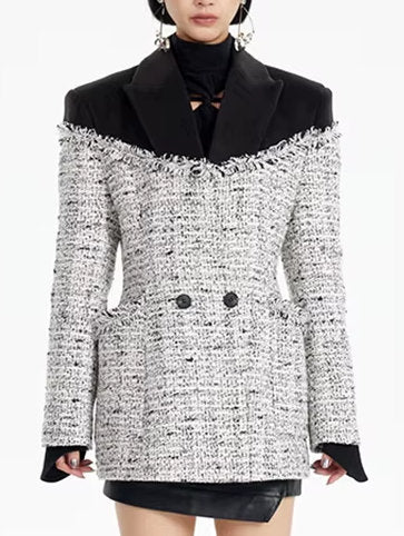 Color-Contrast Frayed Tweed Jacket - Jackets