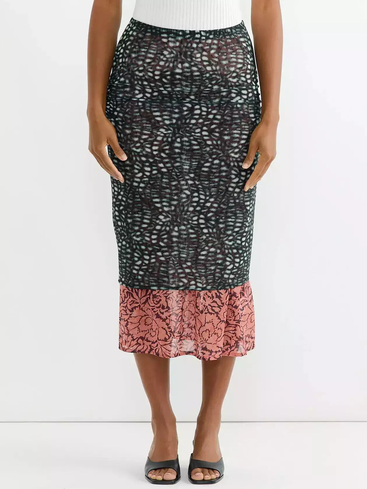 Color-Contrast Layered Mixed Print Midi Skirt - Skirts