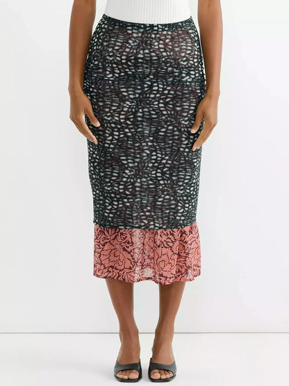 Color-Contrast Layered Mixed Print Midi Skirt - Skirts