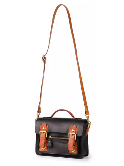 Color Contrast Mini Leather Satchel Bag in Black and Tan Leather - Handbags