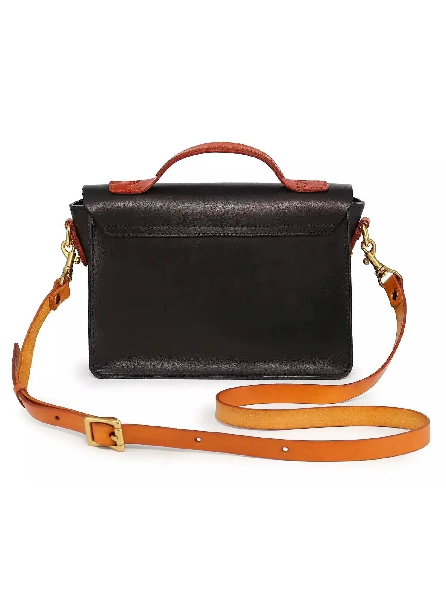 Color Contrast Mini Leather Satchel Bag in Black and Tan Leather - Handbags