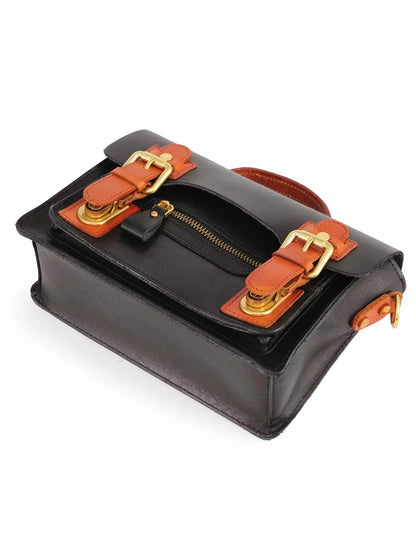 Color Contrast Mini Leather Satchel Bag in Black and Tan Leather - Handbags