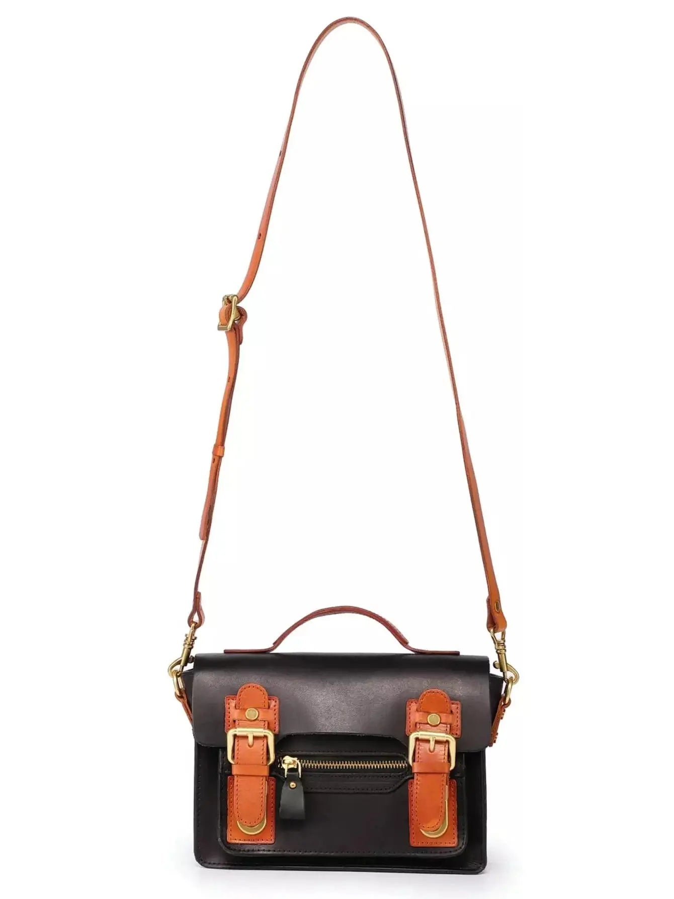 Color Contrast Mini Leather Satchel Bag in Black and Tan Leather - Handbags