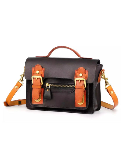 Color Contrast Mini Leather Satchel Bag in Black and Tan Leather - Handbags