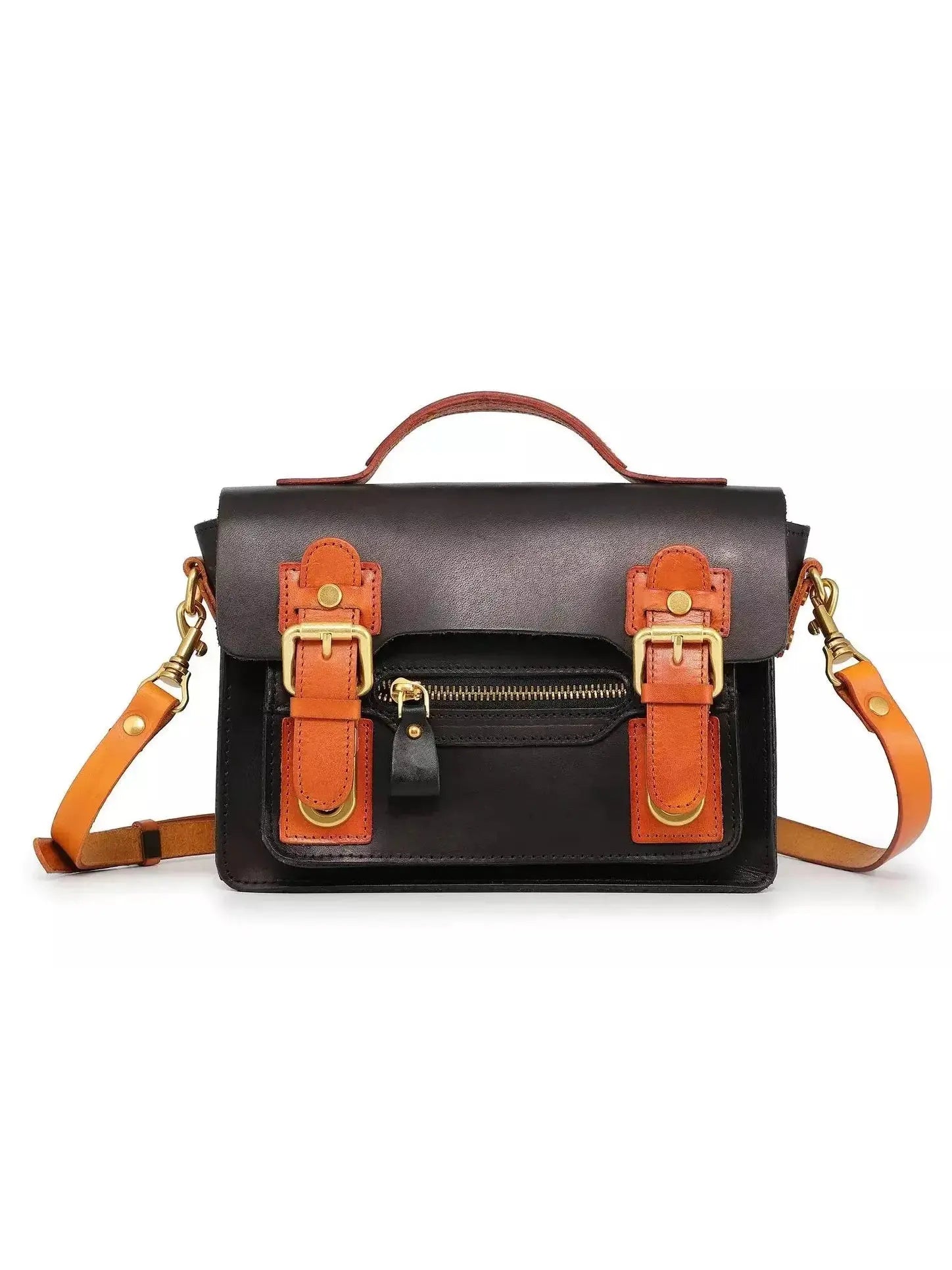 Color Contrast Mini Leather Satchel Bag in Black and Tan Leather - Handbags