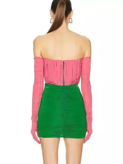 Color-Contrast Strapless Ruched Mini Dress with Long Gloves - Dresses