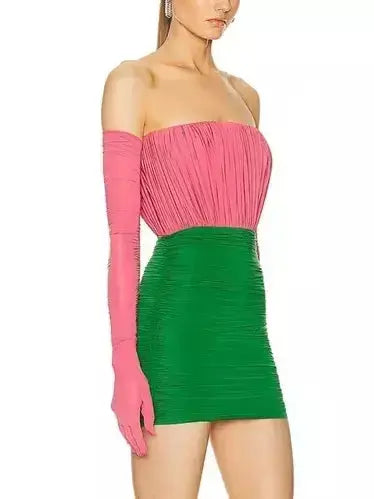 Color-Contrast Strapless Ruched Mini Dress with Long Gloves - Dresses