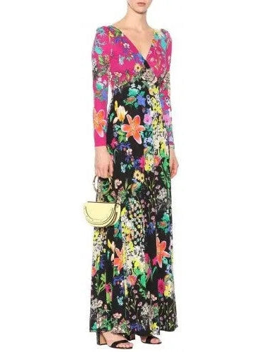 Color-Contrast V-Neck Floral Printed Maxi Dress - Dresses