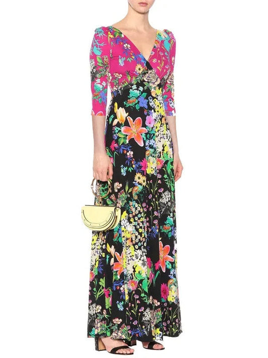 Color-Contrast V-Neck Floral Printed Maxi Dress - s - Dresses